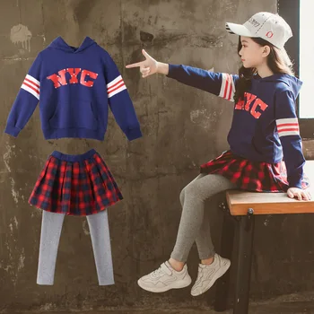 

Girls Sets Spring and Autumn Plaid Skirt+blue Color Coat Two-piece New Children's Autumn Hooded Sweater 3-12 Ages