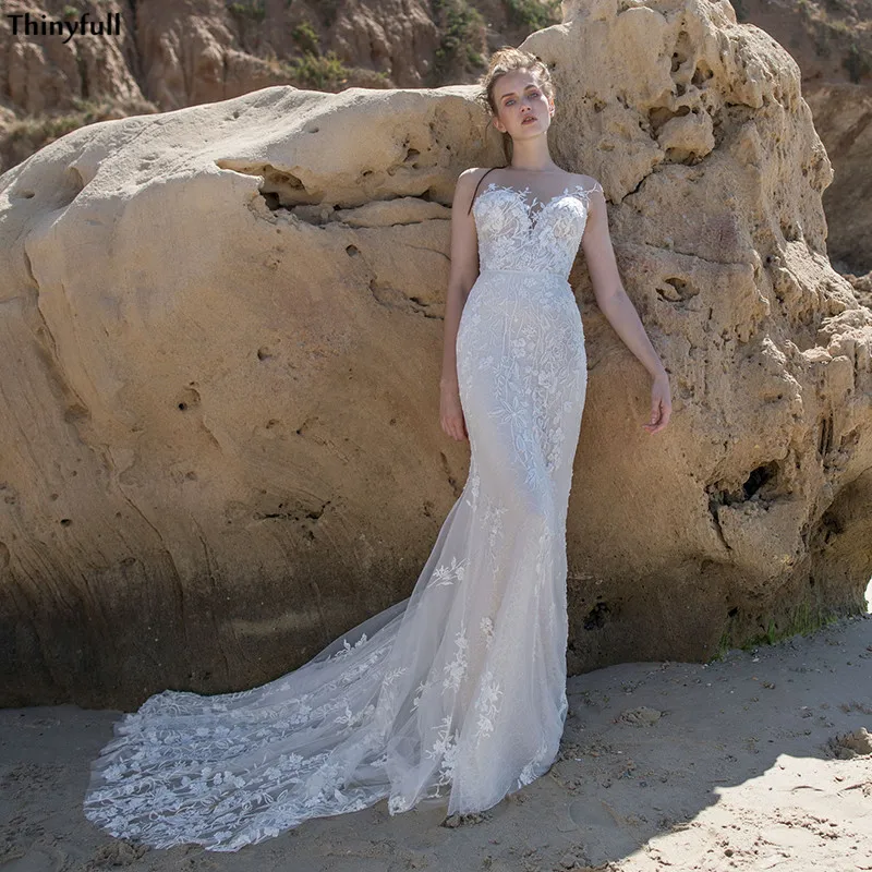 

Thinyfull Beach Wedding Dresses Mermaid Lace Appliques Illusion Backless Boho Bridal Gowns Princess Country Dress Robes Mariee