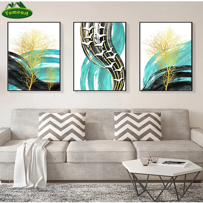 

Nordic Abstract Blue Golden Tree and Birds Canvas Painting Color Spalsh Poster & Print Unique Wall Art Pictures for Living Room