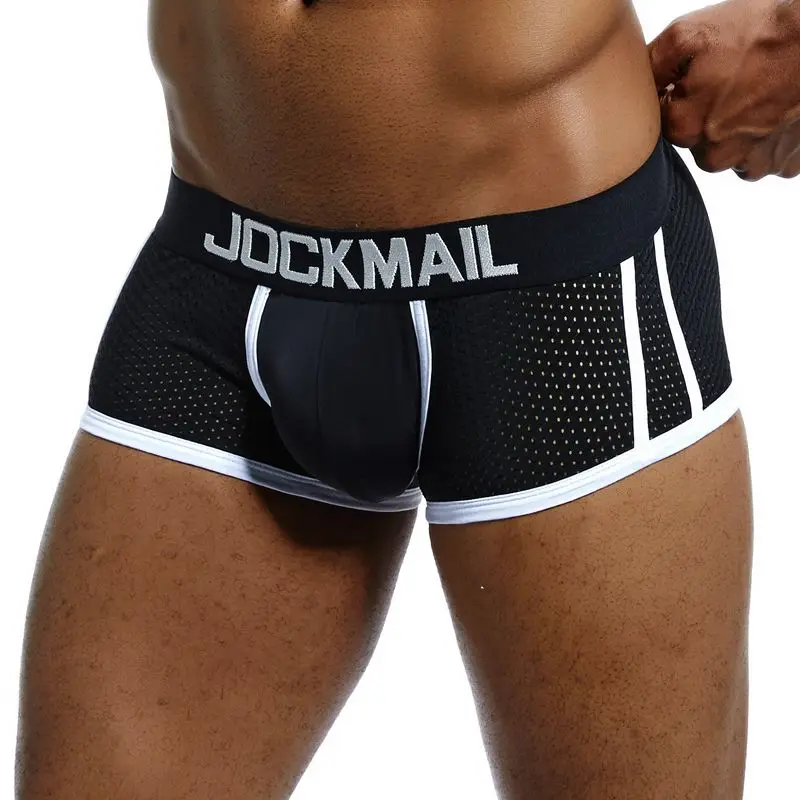 Черный JOCKMAIL, фирменное мужское Сетчатое нижнее белье, боксеры, calzoncillos hombre, гей, одежда для сна, Cueca, боксеры, дышащие, промежность, мужские трусы, шорты - Цвет: Черный