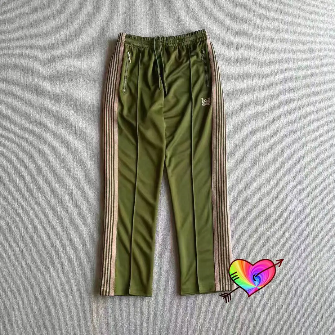 

New Needles Pants Men Women Butterfly Embroidery AWGE NEEDLES Track Pant Side Ribbon High Street Straight Trousers Army Green