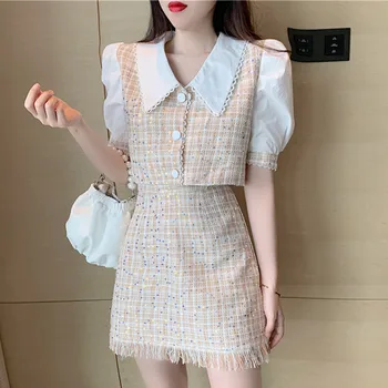 

High Quality Women Sequined Embroidery Tweed 2 piece Set Peter pan collar Short sleeve Tops+Tassel Mini Skirt Office Female Suit