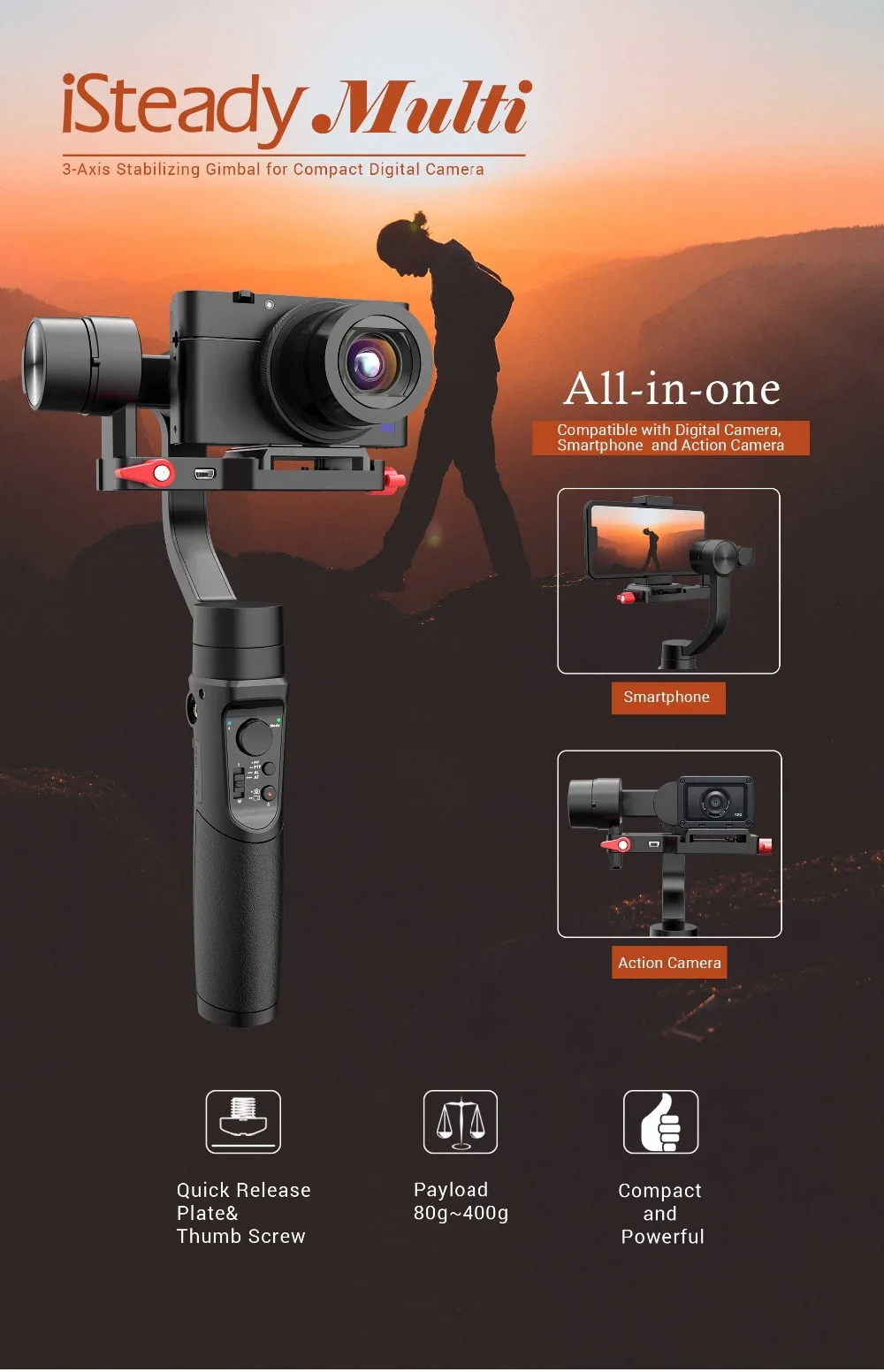 Hohem iSteady мульти 3-осевой ручной шарнирный стабилизатор для камеры GoPro совместим для sony компактный Камера/экшн Камера/смартфон
