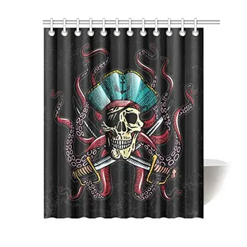 

Pirate Skull with Tentacles of Octopus Shower Curtain 60 X 72 Inches, Waterproof Fabric Polyester Bathroom Set with Hooks, Black
