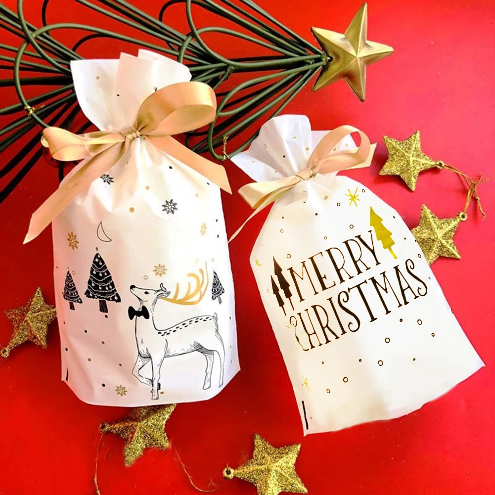 20 шт./компл. Merry Christmas Олень Медведь Сумки на шнурке еды, конфет упаковка Рождественский чулок мешок комплект лент карман вечерние подарочные сумки