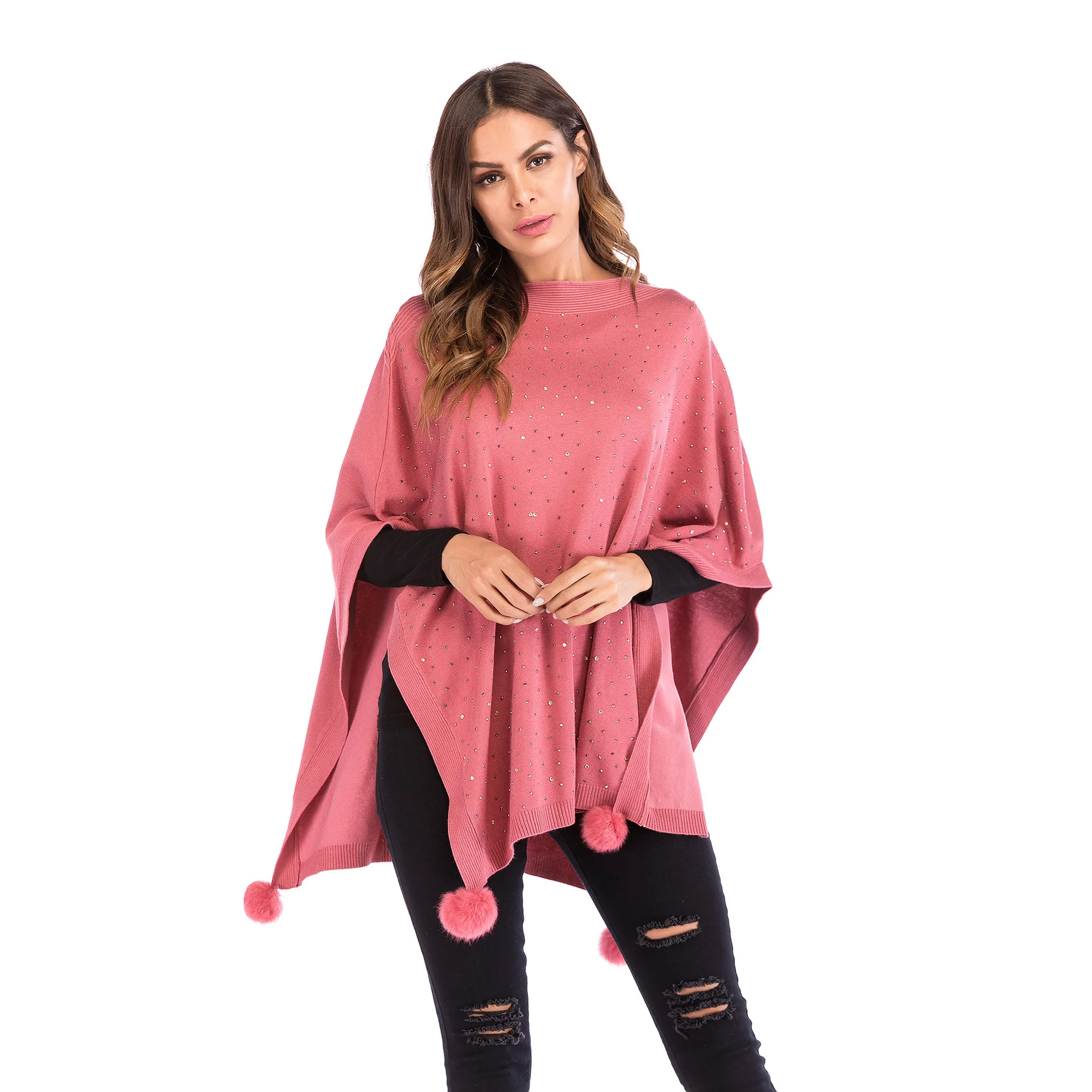 

sweater women's capes ponchos loose shawl cape with diamonds seven points bat sleeve sweater Autumn and winter hooded cape