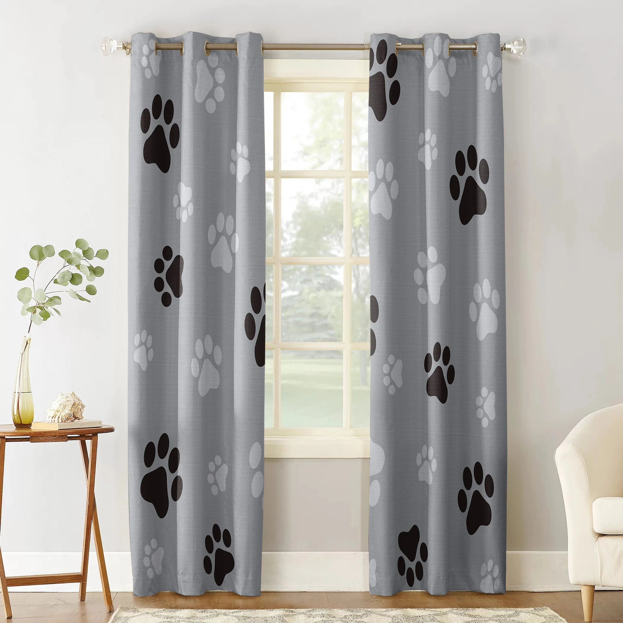 Dog Paw Print Window Curtains, Neon Rainbow Animal Footprint Cute Window Drapes, Puppy Cartoon
