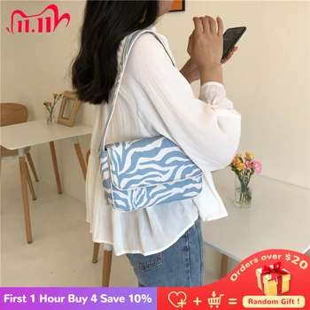 

Vintage Design Women Canvas Baguette Handbags Blue Zebra Pattern Ladies Shoulder Bags Fashion Female Small Tote Clutch Purse