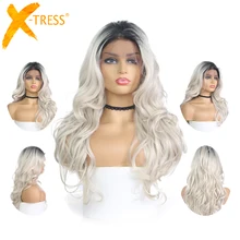 13X4 синтетические парики на кружеве для женщин Омбре серый цвет Длинные волны 2" волосы парик с естественным волос жаропрочных X-TRESS