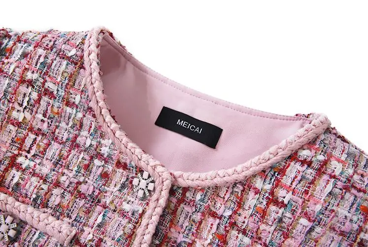 High Quality Women Pink Tweed Jacket Coat Runway Winter Ladies Long Sleeve Single Breasted Plaid Jackets Weave Female Outerwear