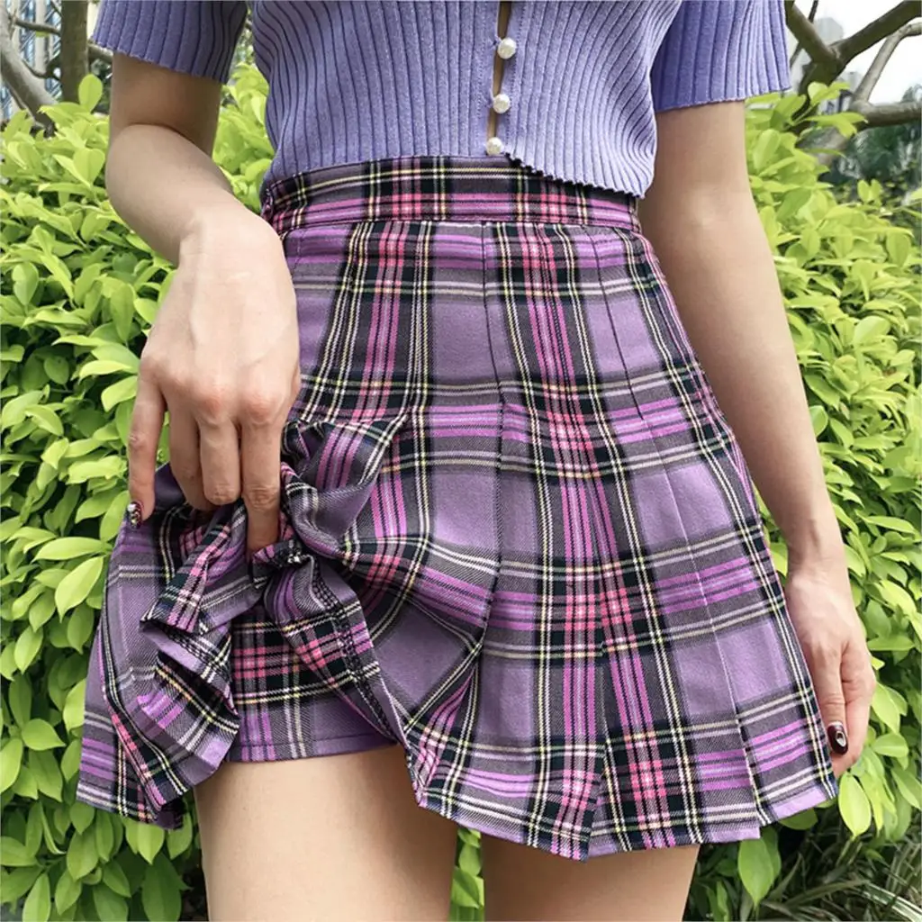 

SHUJIN Harajuku Tartan Women Skirt Sexy Plaid Pleated Skirts Mini Dance Skirt Side Button High Waist School Skirts Female 2021