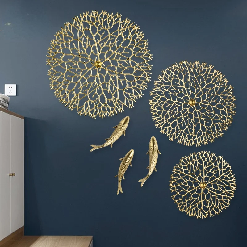 Brass Golden Fish Coral Lotus Leaf Wall Hanging 3D Metal Pendant Room Decor Copper Carp Wall Hanging Luxury Bedroom Decoration 3