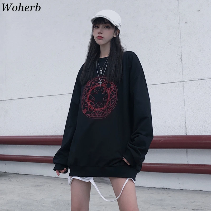 Woherb, Черная Толстовка с принтом, с круглым вырезом, с длинным рукавом, большие размеры, толстовки, женские винтажные свободные топы, корейская мода, уличная одежда 91098