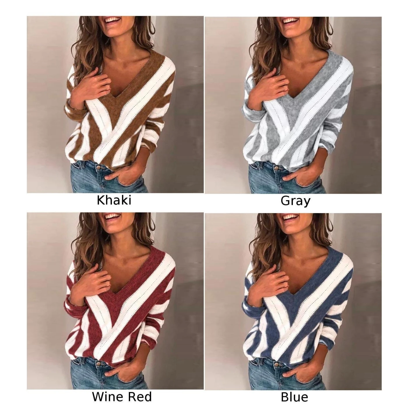Winter Women Striped Sweater Outdoor Knitwear Tops V-neck Long Sleeve Loose new fashion elegant casual autumn basic slim jumper