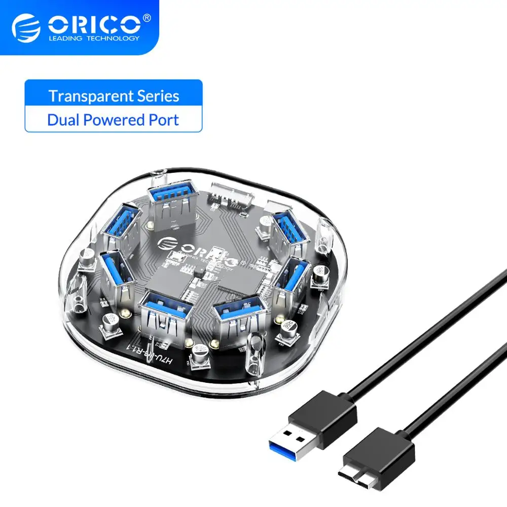 Прозрачный Концентратор ORICO с 4 7 портами USB 3 0 и двумя питания высокоскоростной usb