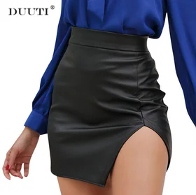 

New Spring Autumn Casual PU Leather Skirts Women Elegant Slit Mini Package Hip Skirts Lady Skinny High Waist Sexy Skirts D35