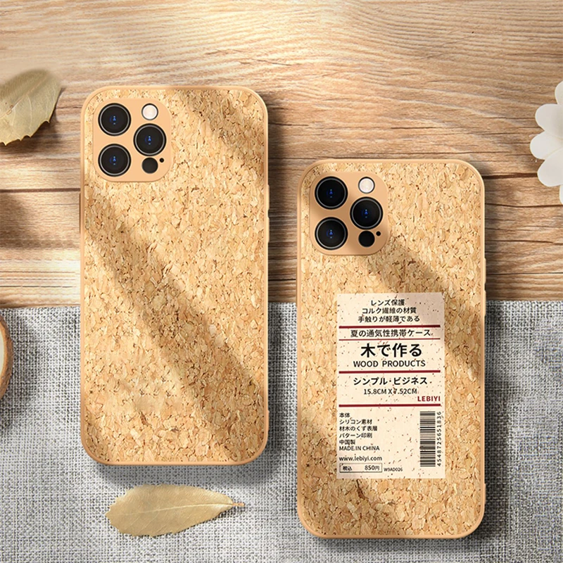 Japanese Wood Grain Label Phone Case For iPhone 13 12 11 Pro Max Mini XR X XS Max 7 8 Plus Soft Cork Fiber Cooling Couple Cover iphone 13 mini silicone case