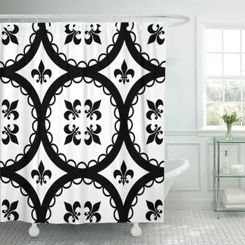 

Black Able Fleur De Lis and Circle Pattern Circles Shower Curtain Waterproof Polyester Fabric 60 x 72 Inches Set with Hooks