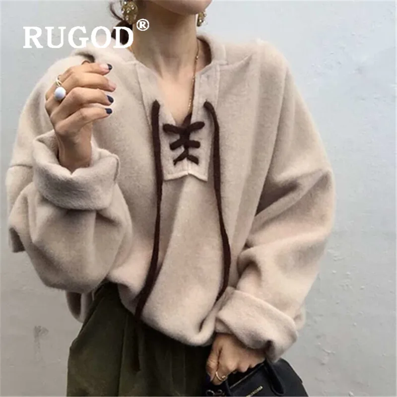 Женский Теплый однотонный Свитшот RUGOD хлопковый свободный Мягкий Топ на шнуровке