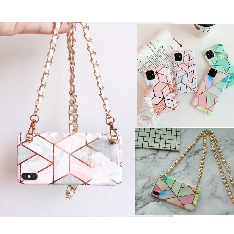 

for iphone 11 pro max case for iphone XS MAX case X XR 6 6S 7 8 Plus cover simples marble silicone Crossbody chain phone case