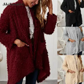 

Irregular Hem Plush Cardigan Coat Women Autumn Winter Long Sleeve Open Stitch Loose Faux Fur Jacket Female Pockets Causal Coats