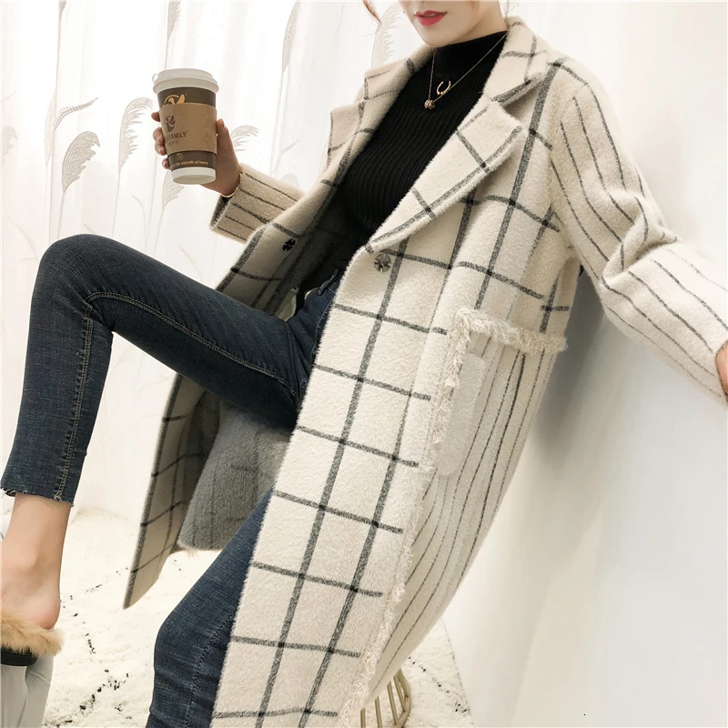 

[EWQ] Mink Cashmere Coats Lose Jacket Plaid Knitting Coat Women 2019 New Fall Thicken Warming Long Knitting Sweater Coat QL26712