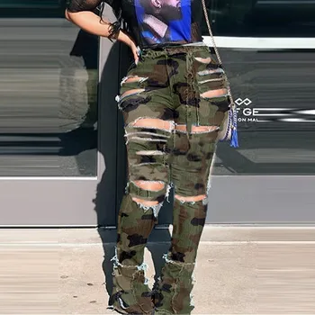 

Women Camouflage Hole Button Zipper Pocket Jean Casual Denim Tight Flares Pants High Waist Elastic plus size Stretch denim pants