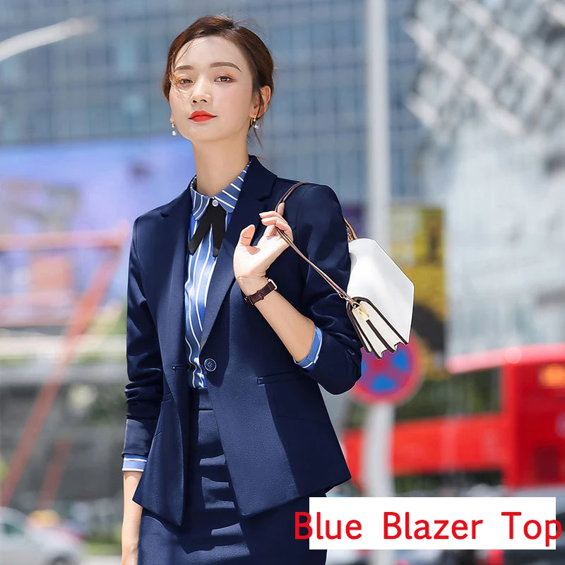 blue blazer top Женский деловой офисный женский костюм с брюками, осенне-зимний форменный Блейзер, пиджак, брюки, Элегантная черная Синяя Униформа, большие размеры - Цвет: blue blazer top