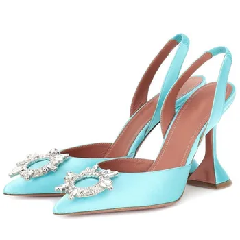 

Formal Crystal Satin Slingbacks Elegant Cup Heel Pointed Toe Summer High Heels Customized Plus Size Wedding Shoes Women