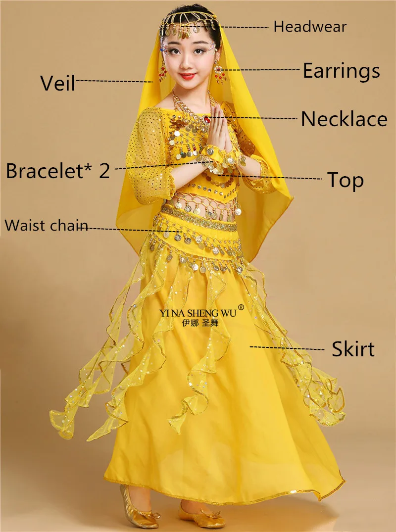 Yellow 8pcs Профессиональная индийская танцевальная одежда для девочек, детские костюмы для танца живота для девочек, Египетский костюм для танца живота для девочек размера плюс - Цвет: Yellow 8pcs