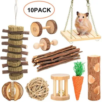 

10 Piece Set Hamster Combination Toy Hamster Rabbit Grass Cake Skewer Carrot Wooden Molars Combination For Small Animal Hamster