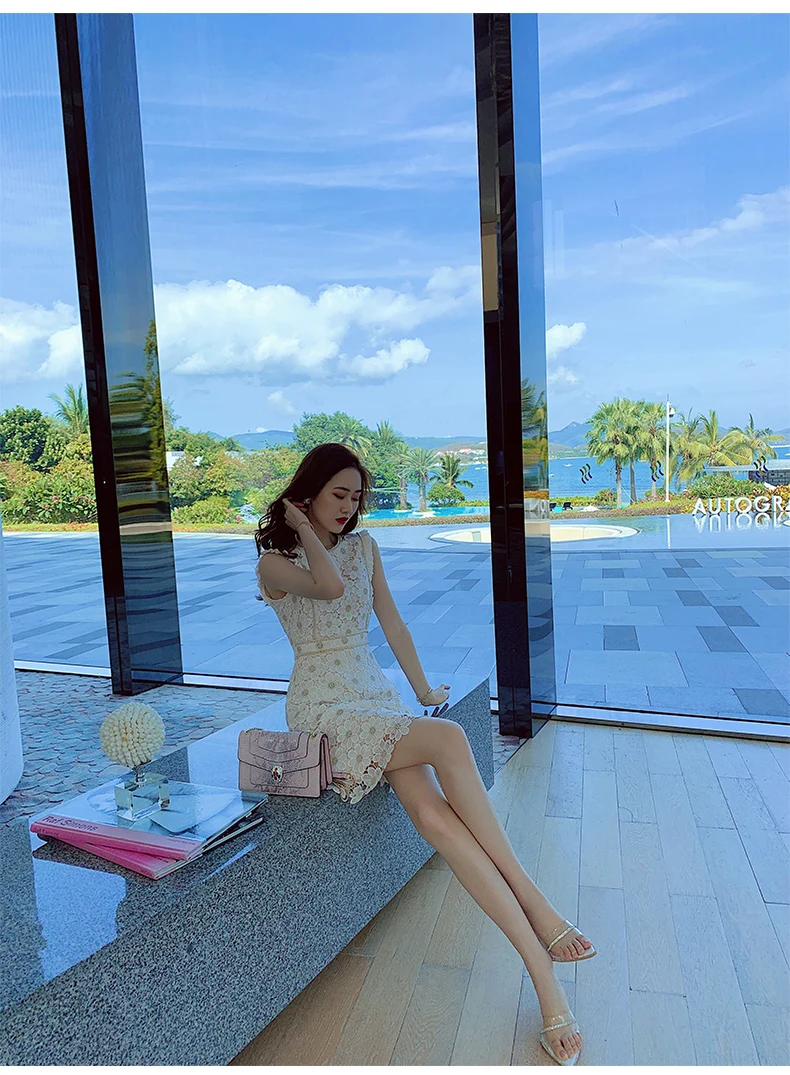 Women Lace Embroidery Dresses For Party 2021 Women'S Summer New Temperament Slim Round Neck High Waist Fashion Dress Office Lady