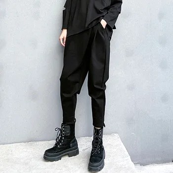 

simple High Elastic Waist Black Split Long Harem Trousers New Loose Fit Pants Women Fashion Tide Spring Autumn 2020 1R444