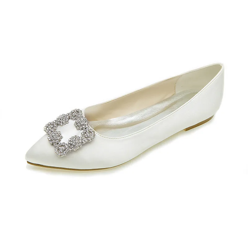 Ivory OnnPnnQ Satin Wedding Bridal Flats Shoes Women Crystals Pointed Toe Slip on Prom Evening Formal Party Dress Flats Women - Цвет: Ivory