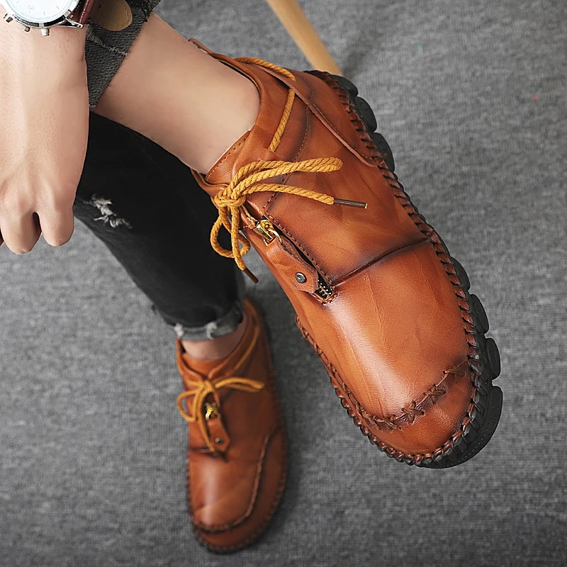 Осенне-зимние кожаные мужские ботинки высокие мужские Ботильоны удобная повседневная мужская обувь винтажные теплые туфли на плоской подошве мужские HX-201