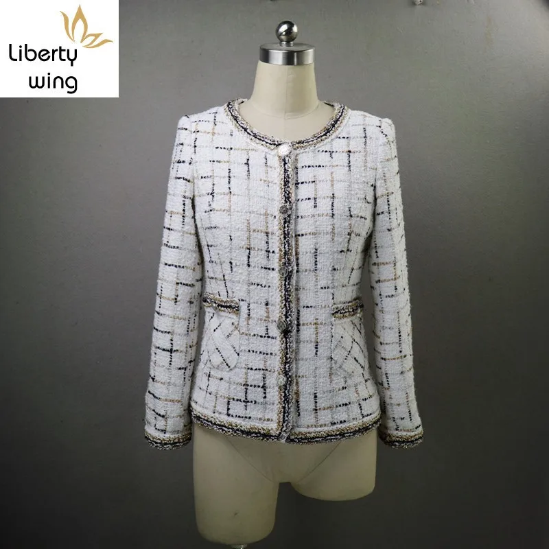 

New Runway Lady Slim Fit Tweed Jacket Women Plaid Autumn Long Sleeve Single Breasted Office Coat Twill Gold Edge Jackets