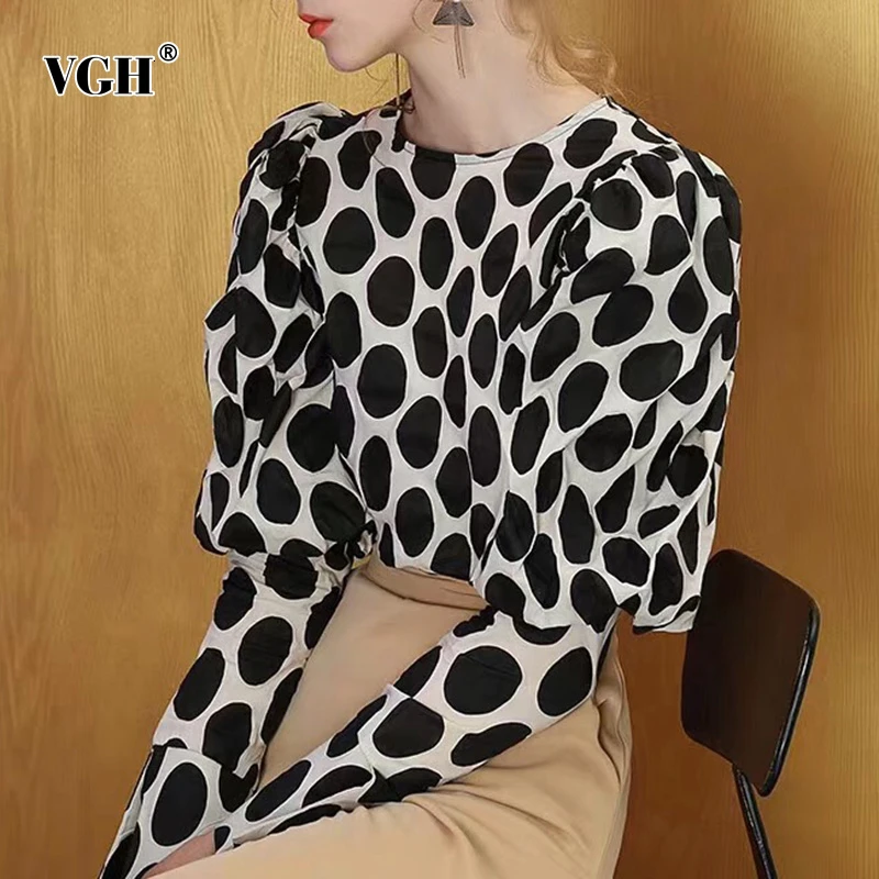 

VGH Casual Polka Dot Women's Blouse O Neck Puff Long Sleeve Korean Large Size Shirts Female 2019 Autumn Fashion New Clothes