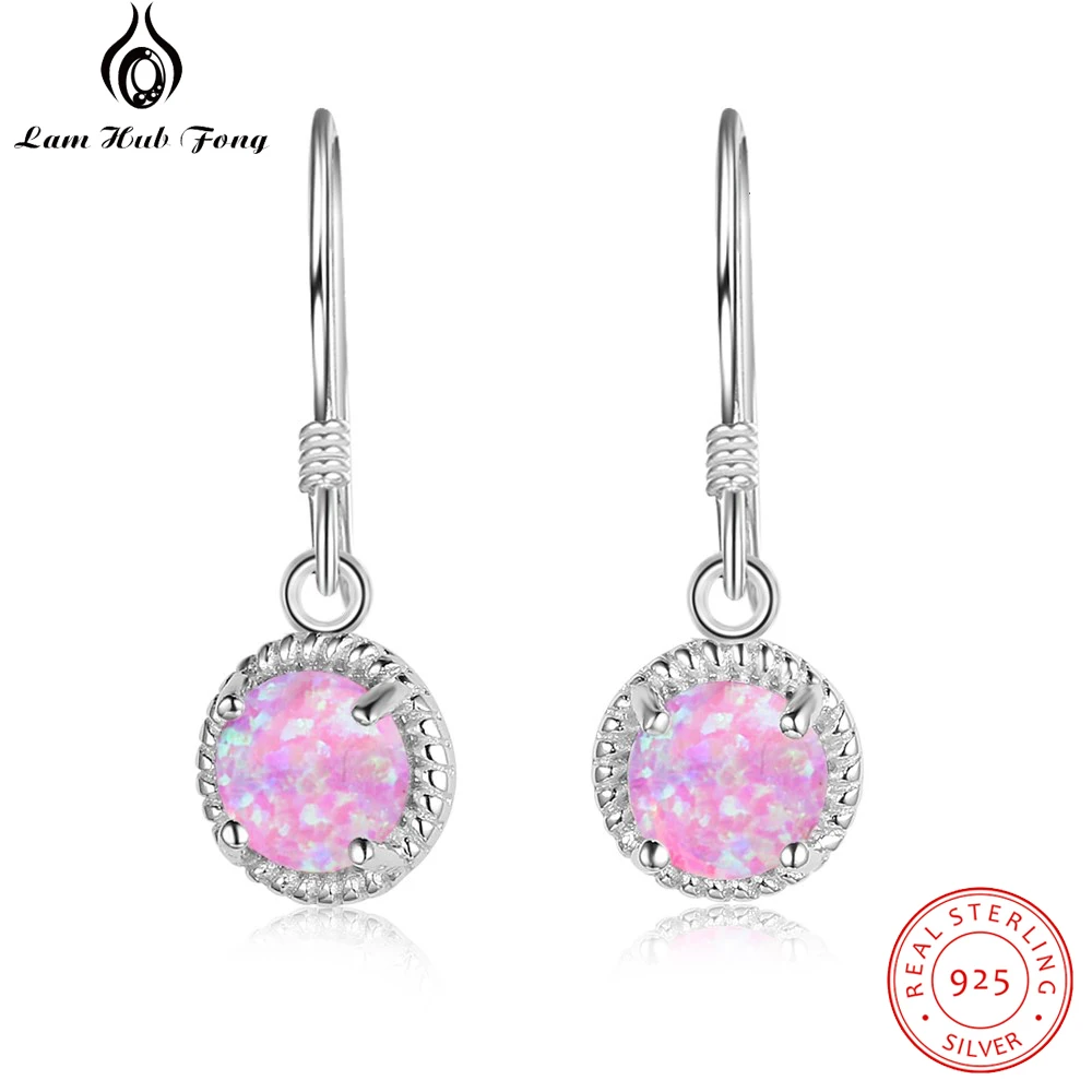 

Real 925 Sterling Silver Drop Earrings with Round Pink Opal Dangle Earrings for Women Wedding Gift Fine Jewelry (Lam Hub Fong)