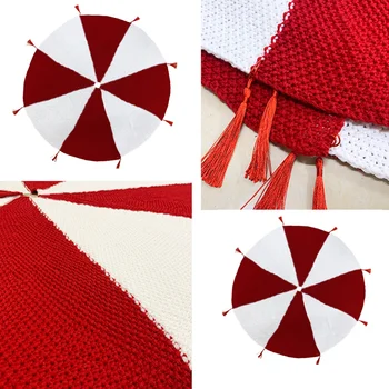

Christmas Tree Skirt with Tassels Wool Knitting Carpet Red and White Xmas Tree Bottom Cover Home Decoration