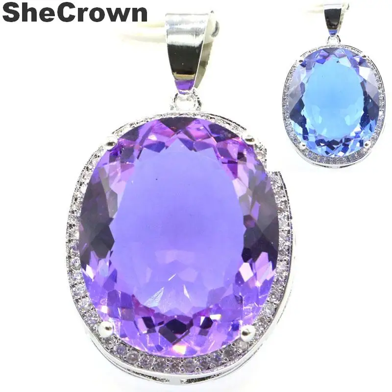 Jewelry Set Big Oval Color Changing Alexandrite Topaz CZ Silver Pendant Earrings Ring 34x21mm 22x18mm
