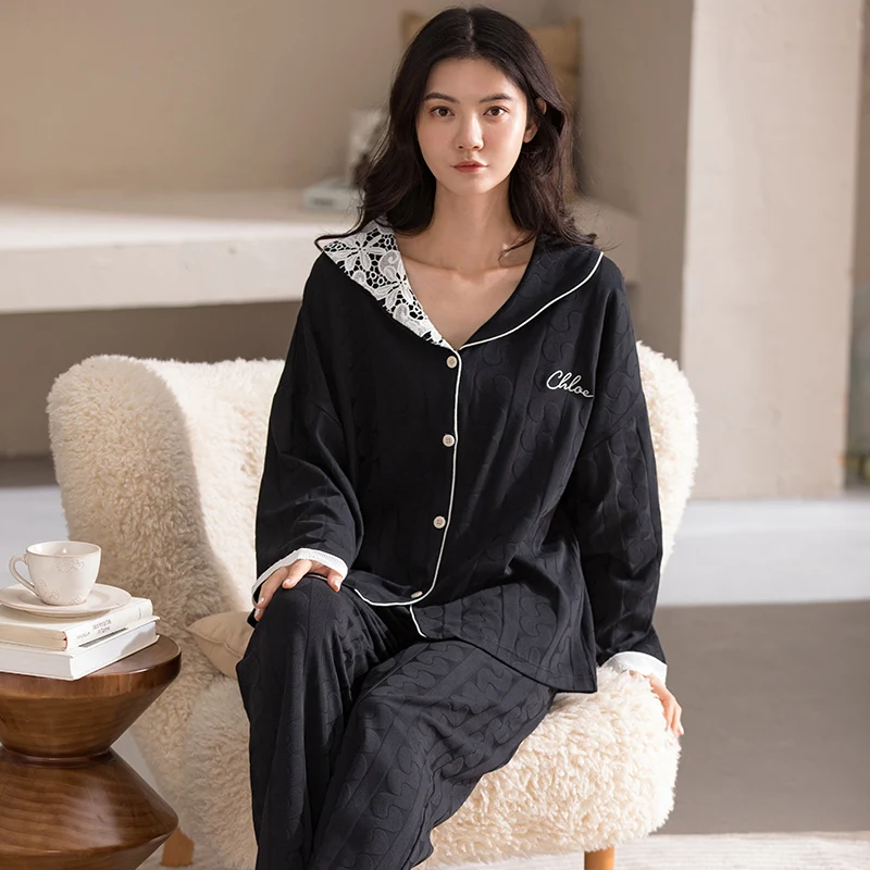 

New 100%Cotton Women Pajamas Set Autumn Ladies Sleepwear Lace Long Sleeve V-neck Female Nightwear Leisurewear