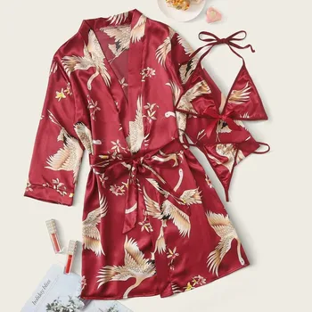 

Women Nightwear Sexy Red Mini Sleepwear Nightdress Satin Silk 3 Piece Nightwear Skirt Sets Jumpsuit Nightdress Mujer Pijama 2020