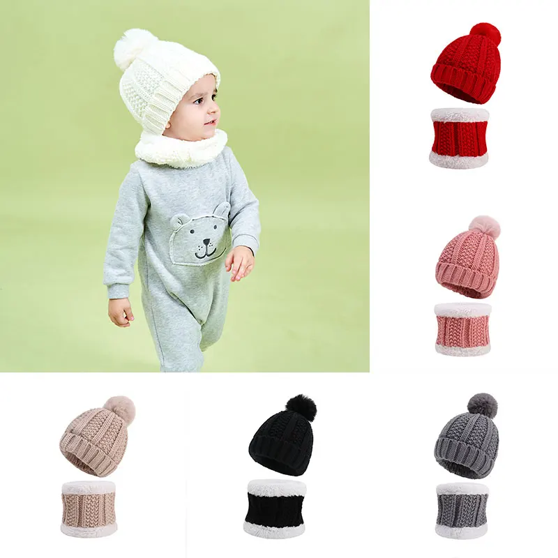 

Winter Two Piece Hat and Scarf Set Children Boy Girl Knitted Thicken Warm Cap and Scarf Kids Beanie Bonnet