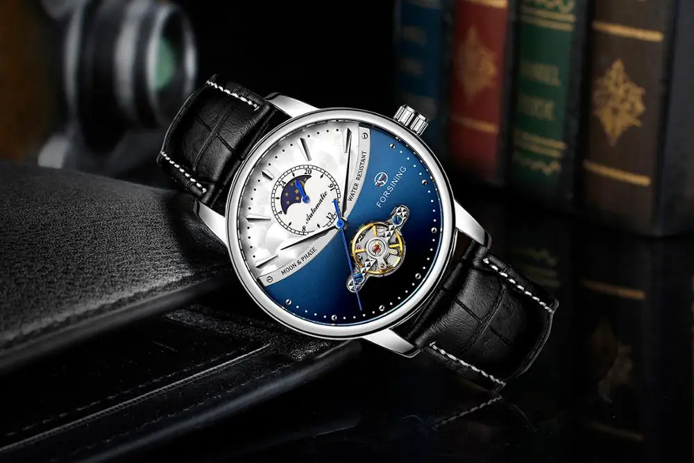 Классические Механические часы Forsining Blue Moon Phase, автоматические турбийон, мужские часы из натуральной кожи, мужские часы, Прямая поставка