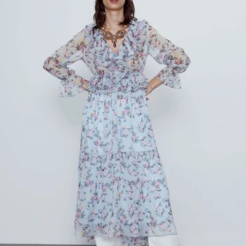 

Summer dress 2020 casual chiffon dress women long sleeve maxi dress printing women clothes ruffles long dress vestidos