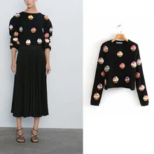 za 2019 Women Fashion Vintage Sweet Cake Appliques Short Style Knitted Sweater O Neck Long Sleeve Stylish Pullovers Chic Tops za 2019 Women Fashion Vintage Sweet Cake Appliques Short Style Knitted Sweater O Neck Long Sleeve Stylish Pullovers Chic Tops