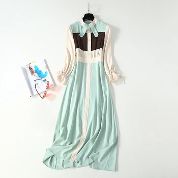 

HIGH QUALITY New Fashion 2020 Women's Retro Button Collar Long Flare Sleeve Mint Green Patchwork Beige Color Block Long Dress