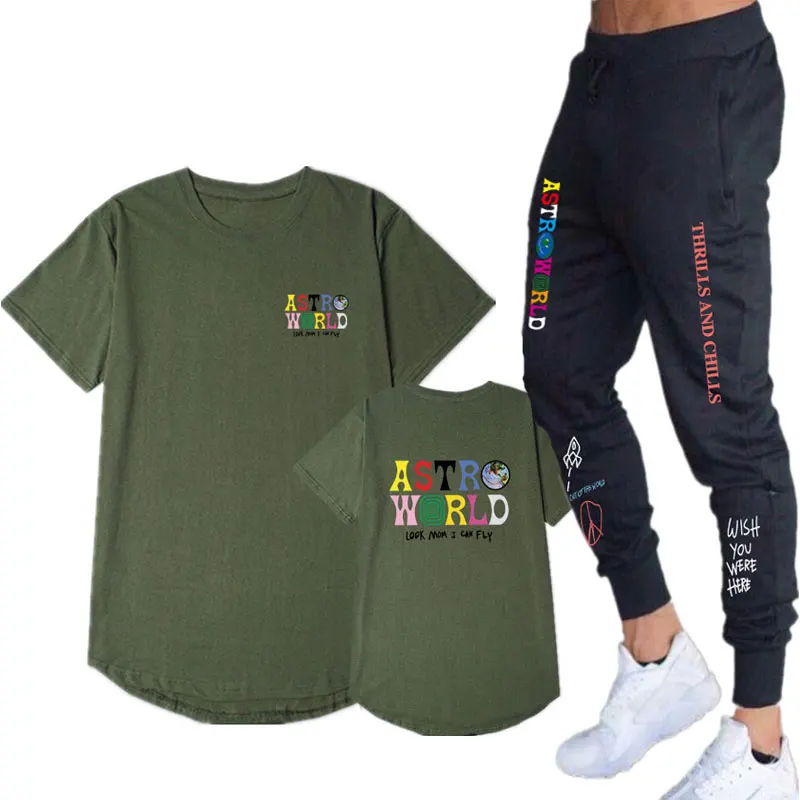 Трэвиса Скотта ASTROWORLD футболка Костюм Уличная для мужчин и женщин спортивный костюм хип-хоп удлиненный Круглый подол рубашка спортивные штаны костюм - Цвет: Army Green CT512CK0