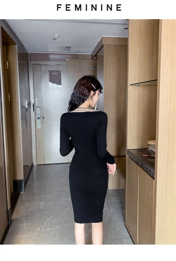 Осень v-образным вырезом Оболочка Bodycon Midi ткань черный сплошной с длинными рукавами сексуальный вязаный свитер платье