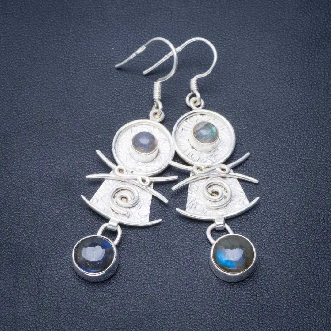 

Natural Blue Fire Labradorite Handmade Unique Cycle 925 Sterling Silver Earrings 2.25" B2147